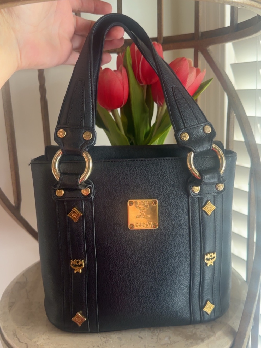 MCM Black Leather Munchen Studded Satchel Tote Bag